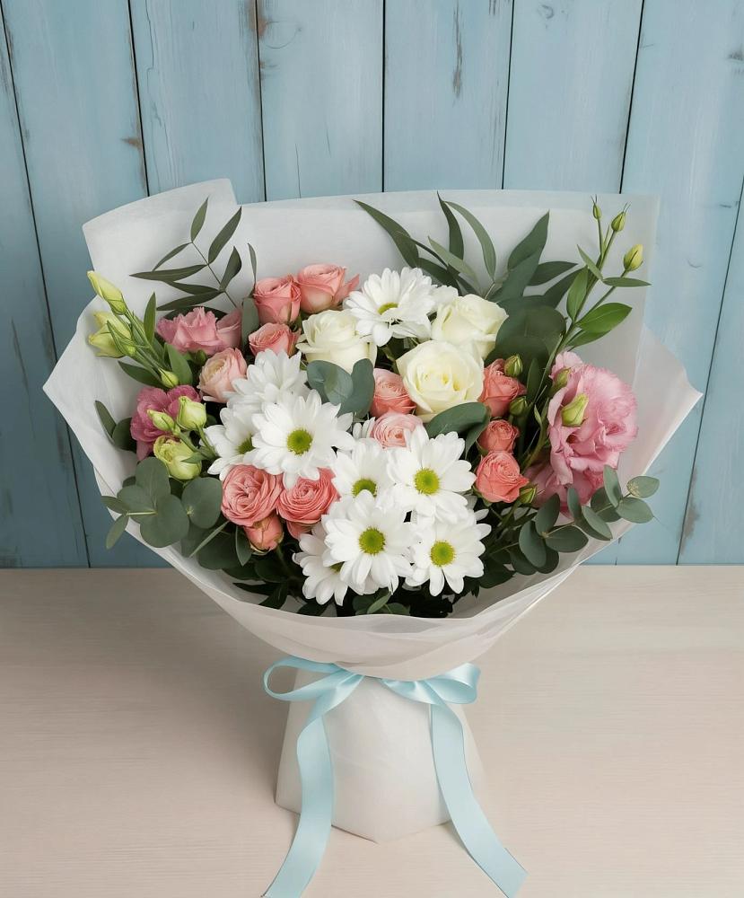 Букет цветов из: Розы, Лизиантусы и Хризантемы в Шемордан