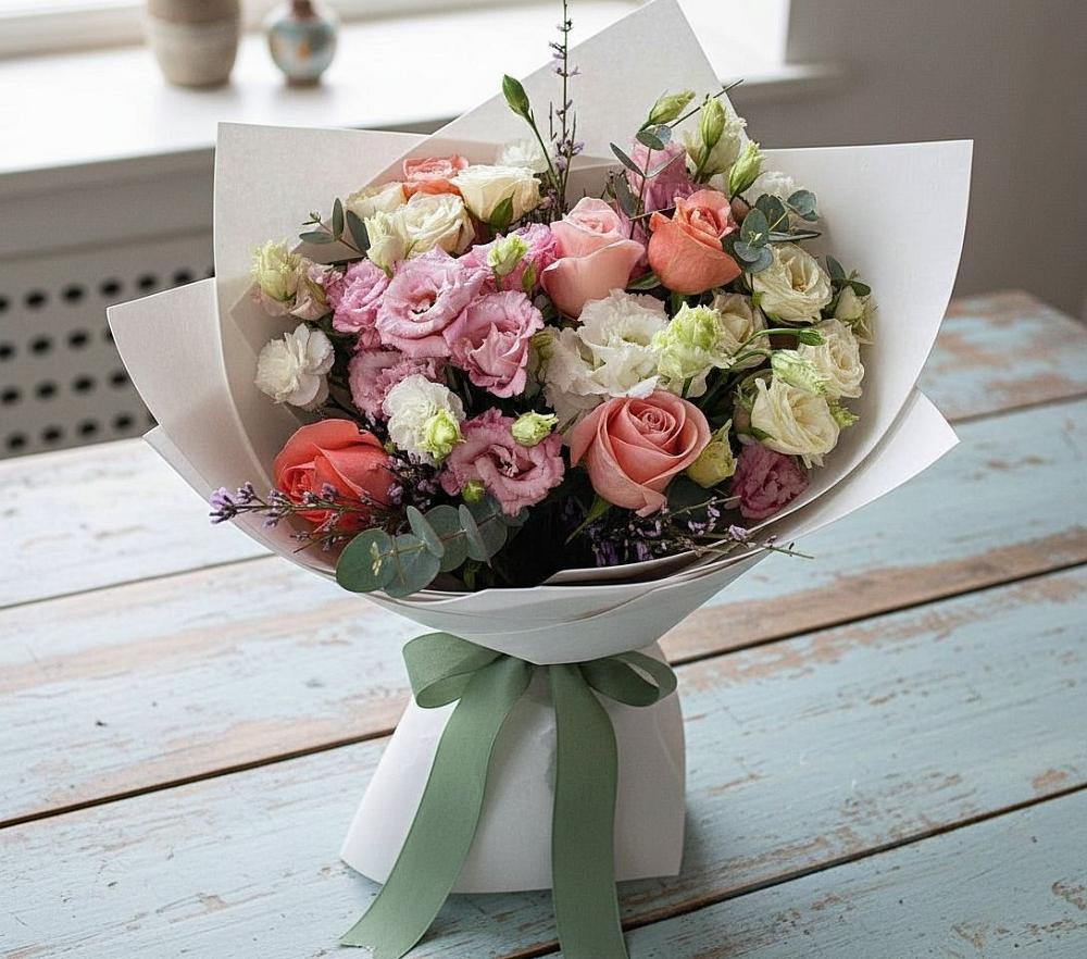 Букет цветов из: Розы, Лизиантусы и Гвоздики в Шемордан