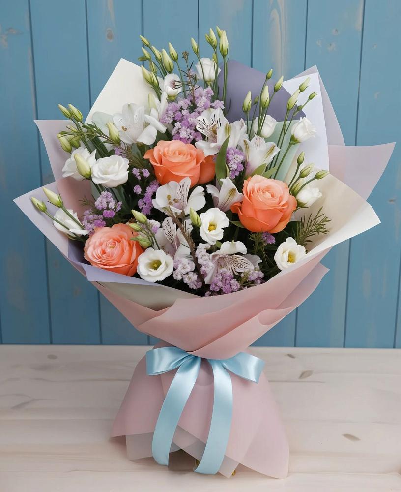 Букет цветов из: Лизиантусы, Розы, Альстромерии и Гипсофила в Шемордан