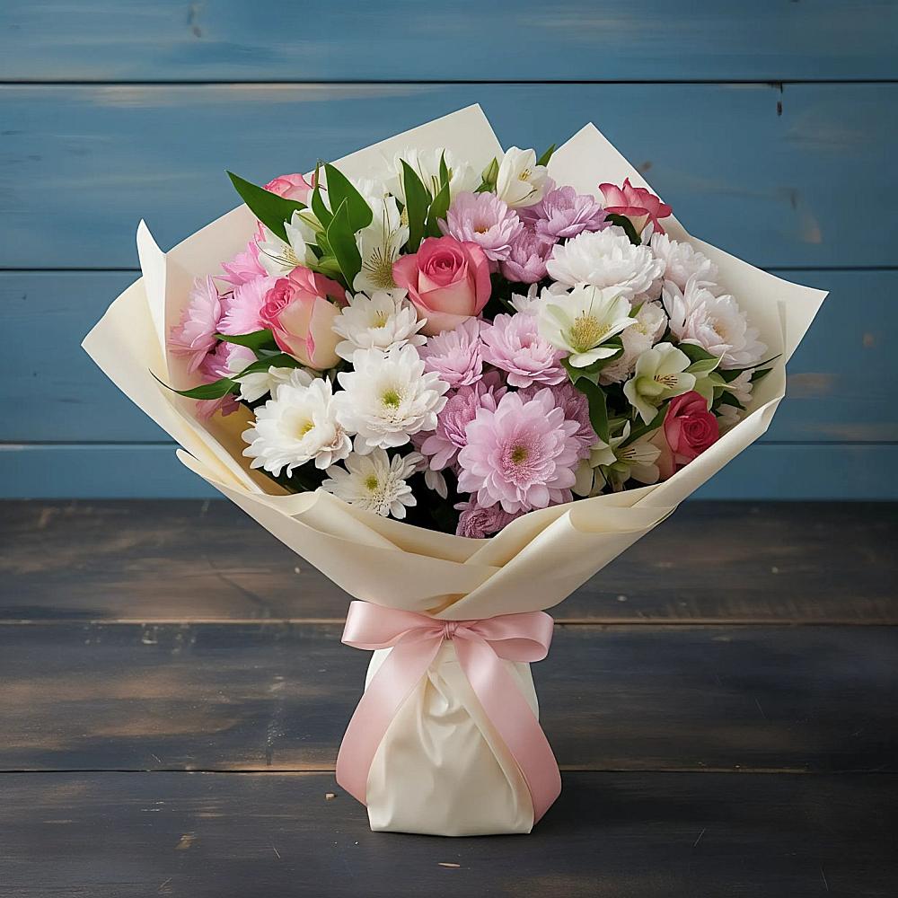 Букет цветов из: Хризантемы, Альстромерии и Розы в Шемордан